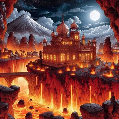 anime manga story illustration landscape with a punjabi mansion inside the pit of a volcano with lava all around - Image Creator from Microsoft Designer Volcano City Fantasy Art, Lava World, Lava Castle, Lava Illustration, Mansion Inside, Volcano House, Story Illustration, Illustration Landscape, Manga Story