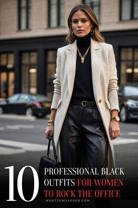 Discover 10 professional black outfits that create a timeless, polished look for women. From classic blazers to chic trousers, these outfits make it easy to craft a refined office wardrobe. Perfect for achieving a stylish yet professional appearance, these black outfits are essential for any work setting. Embrace elegance and ease with these curated styles! #TimelessFashion #BlackOfficeStyle #WomenInBlack Professional Black Outfits, Black Blazer Outfit Elegant, Classic Work Outfits Women, Edgy Business Casual Outfits, Black Outfits For Women, Work Outfits Women Professional, Classic Work Outfits, Chic Black Outfits, Chic Trousers