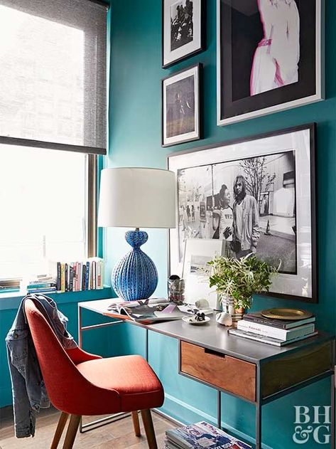 Turquoise Office, Teal Office, Dog Music, Teal Interiors, Cool Office Space, Office Dog, Vert Turquoise, Teal Walls, Office Room Decor