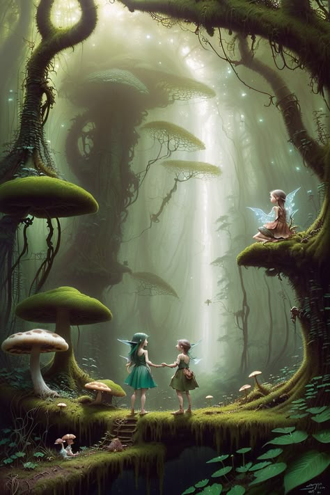 Elfs And Fairies, Mystical Fairy Forest, Elf World Fantasy Art, Fairy Tale Landscape Art, Fairy Scene Tattoo, Fairy World Painting, Mushroom Fantasy Forest, Enchanted Forest Mushrooms, Fantasy Forest Drawing