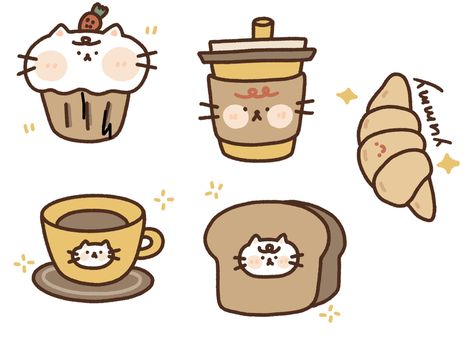 How To Draw Coffee Beans, Chibi Drinking Coffee, Cat Cafe Drawing, Cafe Doodle, Coffee Symbol, Coffee Doodle, Small Doodle, Bear Paintings, Coffee Drawing