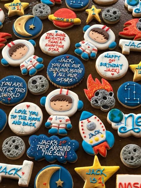 Space-Themed 1st Birthday Cookie Set Outer Space Birthday Cookies, Astronaut Birthday Party Food, Space Theme 1st Birthday Cake, Space Cookies Decorated 1st Birthday, Space Second Birthday, Third Birthday Space Theme, First Birthday Outer Space Theme, Space Third Birthday, Two The Moon Birthday Party Boy Cake