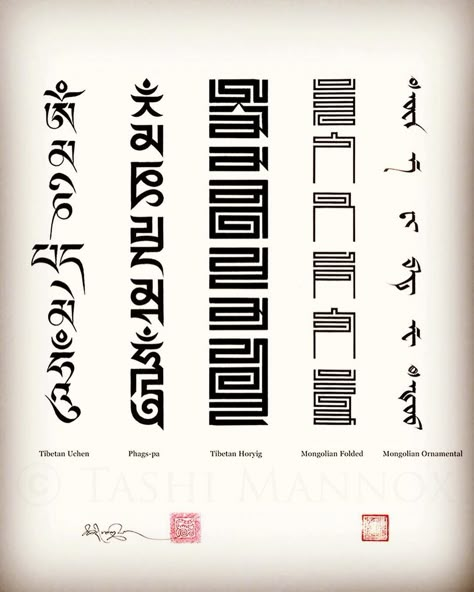 The Mani mantra from left to right: Classical Tibetan Uchen script Phags-pa script Modern Horyig seal script Mongolian seal script classical Mongolian Phags-pa Script, Mongolian Tattoo Design, Mongolian Tattoo, Mongolian Design, Tibetan Writing, Mongolian Script, Mongolian Art, Tibetan Tattoo, Tibetan Script