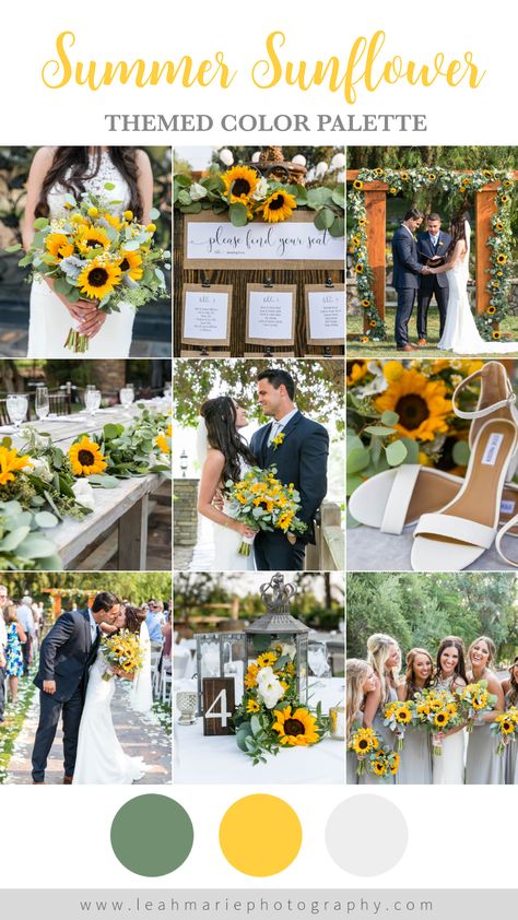 Yellow, sage, and gray rustic summery sunflower themed wedding color palette. Lake Oak Meadows in Temecula, CA | Leah Marie Photography Yellow Wedding Colors, Sunflower Wedding Decorations, Yellow Wedding Theme, Wedding Color Palettes, Sunflower Themed Wedding, Sage Wedding, Sage Green Wedding, Wedding Theme Colors, Future Wedding Plans