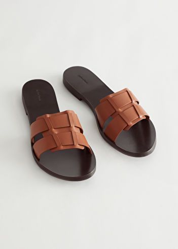 Duo Strap Leather Sandals - Brown - Flat sandals - & Other Stories US Palm Slippers For Ladies, Palm Slippers, Slippers For Ladies, Female Footwear, Shoe Makeover, The Gladiator, Fashion Shoes Sandals, Classy Shoes, Snakeskin Heels