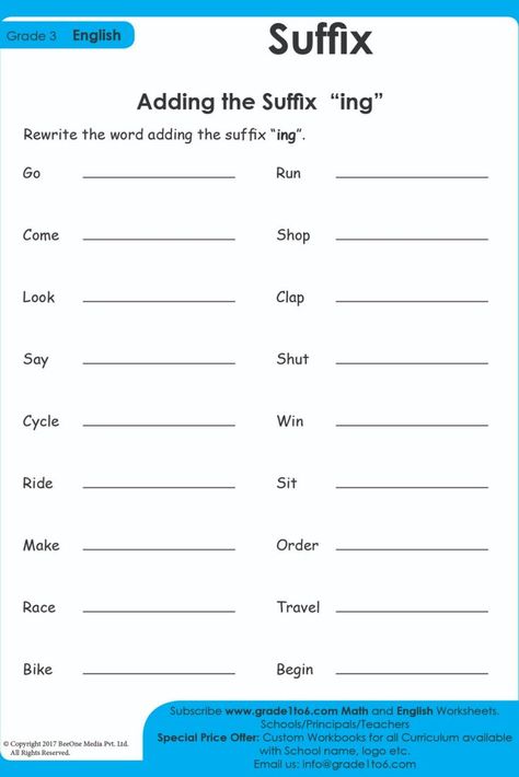 Suffix: -ing Worksheet. Learn to add -ing to words in this worksheet. Go becomes Going, Run becomes running, come becomes coming and so on. Subscribe to www.grade1to6.com for just $25 a year to get 6000 plus Maths and English worksheets for Grade 1 to Grade 6 #mathworksheets #schoolprincipals #englishworksheets Suffixes Worksheets 1st Grade, Add Ing Worksheet, Year 6 English Worksheets, Suffix Worksheets 2nd Grade, Ing Words Worksheet, English Worksheets For Grade 6, Grade 6 English Worksheets, 3rd Grade English Worksheets, Year 2 English Worksheets