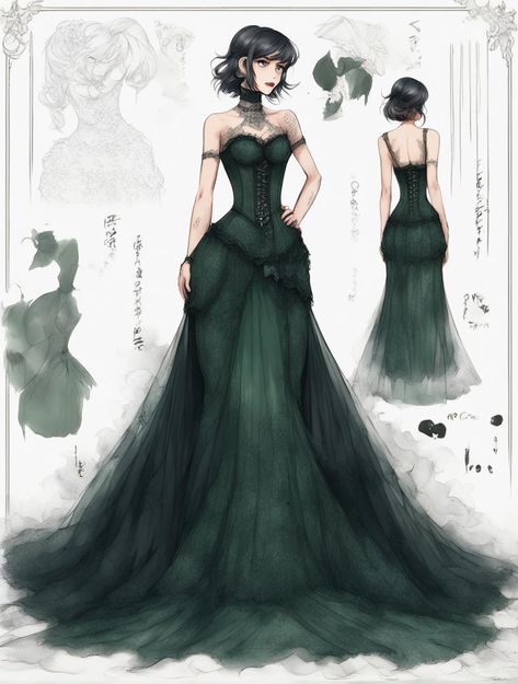 Green Dress Fantasy Gowns, Ball Gowns Dark Green, Black And Green Dress Gowns, Black And Green Gown, Dress Green Emerald, Emerald Fantasy Dress, Fantasy Traveling Clothes, Emerald Green Dress Aesthetic, Green Dress Drawing