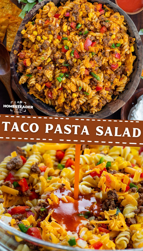 one image shows a bowl of fully mixed pasta salad, and the second shows the sauce being added to the pasta salad. Pizza Hut Pasta Salad, Taco Salad With Noodles, Salsa Pasta Salad, Taco Noodle Salad, Southwest Taco Pasta Salad, Spaghetti Noodle Salad Recipes, Summer Salads With Meat, Taco Salad Wrap, Pasta Salad Recipes With Lettuce