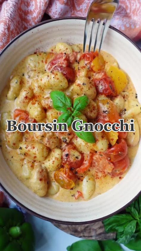 Boursin Gnocchi Bake, Boursin Cheese Gnocchi, Boursin Gnocchi, Cheese Stuffed Gnocchi Recipes, Recipes Using Packaged Gnocchi, Pasta Recipes Using Boursin Cheese, Bousin Pasta Recipes, Tomato Gnocchi Bake, Tortellini Bake With Boursin & Tomato