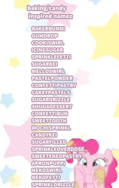 Cute Roblox Group Names, Free Username Ideas, Kawaii Usernames Ideas, Baking Username Ideas, Online Names Ideas, Kawaii Names Ideas, Kidcore Usernames, Cutegore Usernames, Candy Names Ideas