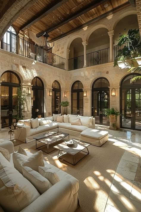 39 Mediterranean Mansions to Inspire Your Dream Home Mediterranean Houses Inside, Mediterranean Home Style Interior, Italian Mansion Aesthetic Interior, Italy Mansion Interior, Rich Rooms Dream Houses, Living Room Decor Spanish Style, Mediterranean Victorian House, Living Room Inspo Mediterranean, Mediterranean House Inspiration