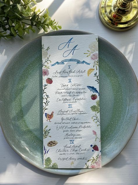 SIZE- 4x9 or 5x7 are standard (we can also do whatever size you want!) This is a digital file of your fully customizable menu! SHIPPING AVAILABLE (Printing Price subject to quantity).  You can expect watercolor details and an option of hand lettering or digital descriptions. These menus will enhance every occasion and add an elegant touch to your event.  PERSONALIZATION AVAIL! Add your guest names for an added fee.  Please message me to tell me a little bit about your vision. I can't wait to wor Watercolor Menu, Wedding Menus Design, Wedding Dinner Menu, Event Menu, Hand Painted Wedding, Wedding Menu Cards, Wedding Dinner, Wedding Mood Board, Custom Watercolor