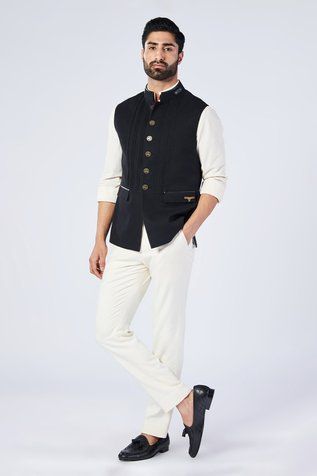 Shop for S&N by Shantnu Nikhil Black Poly Blend Pintucked And Faux Leather Detailed Waistcoat for Men Online at Aza Fashions Men Waistcoat Outfits Wedding, Black Waistcoat Outfit Men, Black Nehru Jacket Outfit For Men, Pant Shirt With Nehru Jacket, Mens Waistcoat Fashion, Nehru Jacket For Men Wedding, Black Waistcoat Outfit, Sleeveless Jacket For Men, Vest Outfits Men