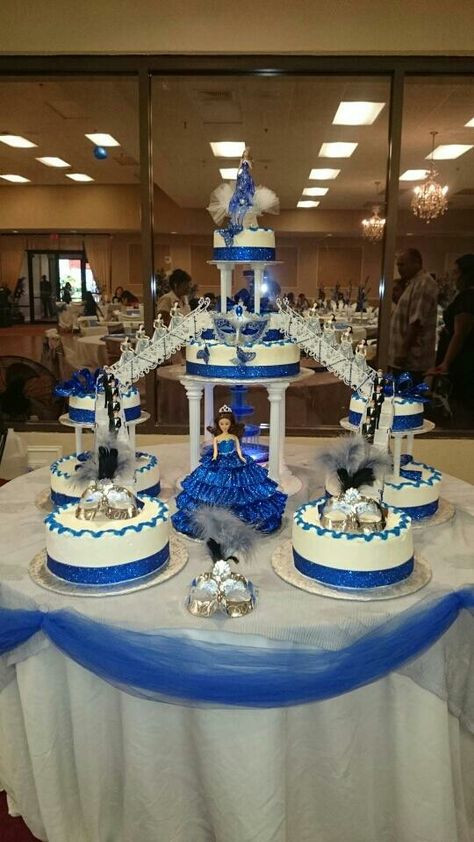 Blue Quince Cake Cakes For Quinceanera Blue, Big Quinceanera Cakes, Quinceañera Cakes Blue, Quince Cake With Fountain, Quince Royal Blue Cake, 15 Cakes Quinceanera Blue, Navy Blue Quince Cake Ideas, Blue Quince Cake Ideas, Blue Cake Quinceanera