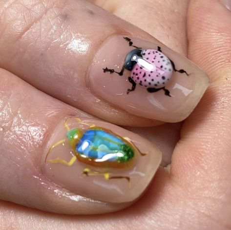 Blue Beetle Nails, Beatle Nails Art, Biology Nail Art, 3d Bug Nails, Beetles Nail Polish Ideas, Bug Nails Art, Beetle Nail Art, Veggie Nails, Slug Nails