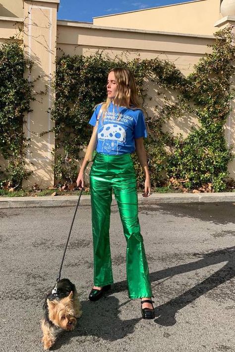 The Metallic Trend Is Back—Here's the Best Metallic Clothing | Who What Wear Emerald Pants, Bright Pants, Bright Sweater, Unique Pants, Late November, Disco Pants, Metallic Pants, Shiny Pants, Party Pants