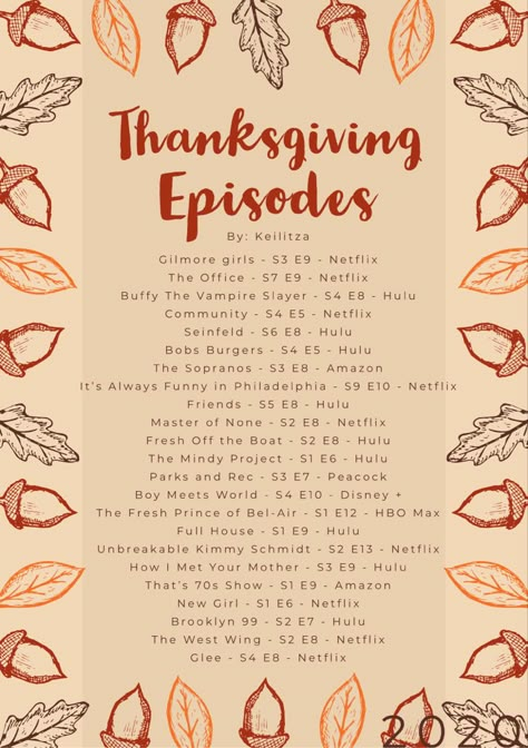 Best Thanksgiving Family Movies, Thanksgiving Episodes List, Thanksgiving Episodes Of Shows, Thanksgiving Tv Episodes, Gilmore Girls Thanksgiving Episodes, Thanksgiving Shows, Cozy Thanksgiving Aesthetic, 90s Thanksgiving, Thanksgiving Episodes