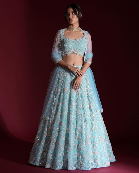 Pastel Blue Lengha, Pastel Reception Lehenga, Pastel Blue Blouse Designs, Lehanga Designs Latest For Wedding, Pastel Blue Lehenga, Engagement Lehengas, Lehenga Poses, Lehenga Outfits, Marriage Outfit