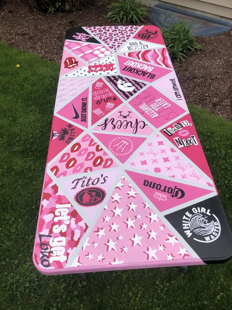 Pink Cup Pong Table, Pink Whitney Pong Table, Pink Pong Table Painted, Beer Pong Table Painted Pink, Aesthetic Pong Table, Cute Beer Pong Table, Pink Pong Table, Girl Pong Table, Pink Beer Pong Table