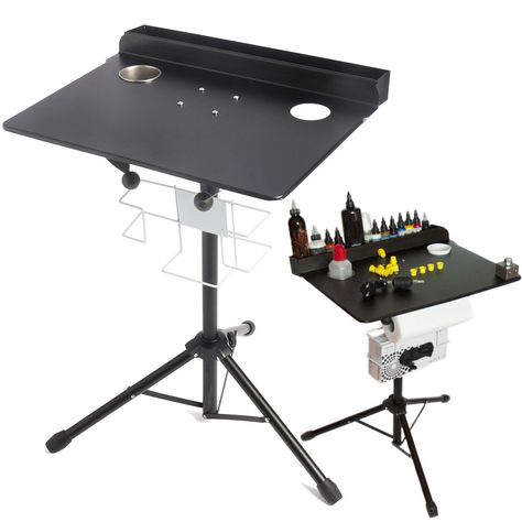 Tattoo Station Ideas, Tattoo Workstation, Workstation Ideas, Tattooing Supplies, Tattoo Studio Interior, Tattoo Station, Tattoo Salon, Black Desktop, Adjustable Standing Desk