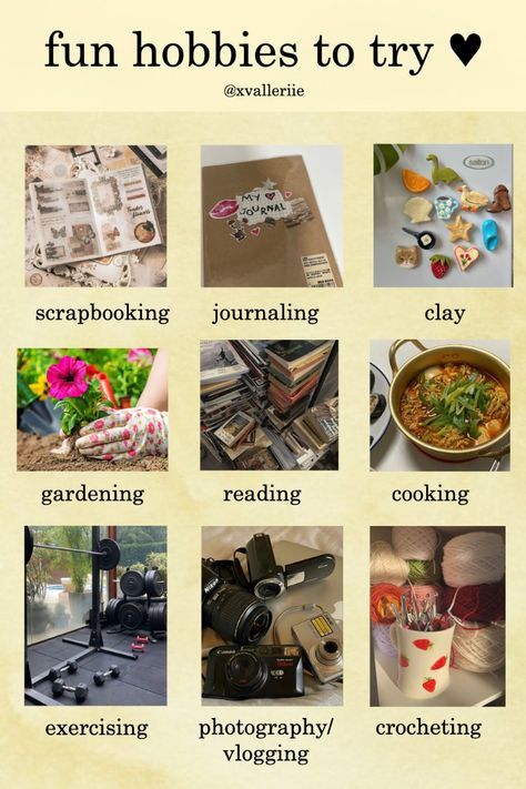 Learn New Things Vision Board, Fun Artsy Things To Do, Gardening Hobby Aesthetic, Learning New Hobbies, Weird Hobbies To Try, Hobbies List Aesthetic, Fun Hobbies Aesthetic, Good Hobbies For Women, Aesthetic Hobby Ideas