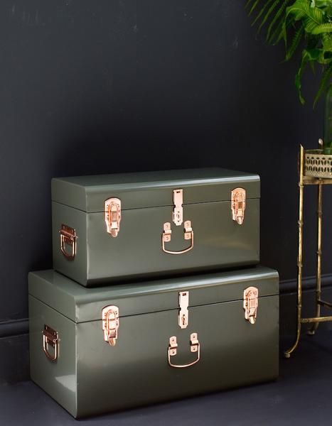 The Forest & Co. - Set Of Two Metal Trunks - Green Trunk Makeover, Metal Trunks, Trunk Boxes, Coffee Table Trunk, Childs Bedroom, Storage Trunks, Storage Trunk, Living Room Study, Green Metal