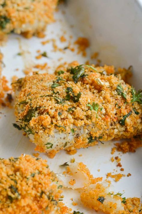 Baked Panko Crusted Cod Cajun Baked Cod, Beef Zucchini Casserole, Panko Crusted Cod, Fish Bake, Postpartum Recipes, Crusted Cod, Fast Easy Dinner, Cooking Fever, Sea Foods