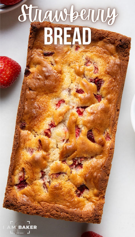 A loaf of strawberry bread is shown from above on a white countertop. Strawberry Bread Recipe Easy, Strawberry Loaf Bread Recipes, Bread Strawberry, Strawberry Quick Bread Easy Recipes, Strawberry Banana Bread With Frozen Strawberries, Strawberry Bread Frozen Strawberries, Easy Impressive Dessert, Strawberry Banana Bread, Banana Bread Loaf