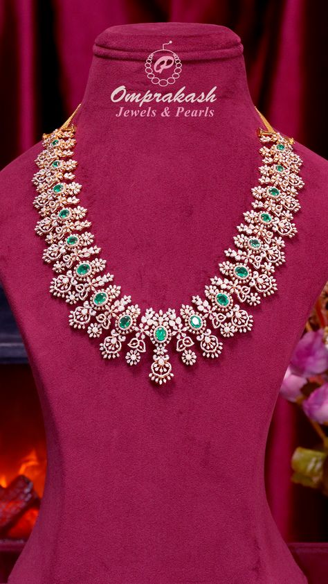 Exquisite craftsmanship meets timeless elegance: a stunning Diamond Haaram cum Vaddanam adorned with a radiant emeralds, a true testament to luxurious beauty.  #diamond #vaddanam #emerald #necklace #diamondjewellery #gemstones #southindianjewellery #southjewellers #bridaljewellery #bridaljewelry #ethnicjewellery #heritagejewellery #916kdmjewellery #bridesofinstagram #bridesofhyderabad #bridesofindia #bridesoftelugu #kundannecklace #bridaljewellery #southbrides Diamond Mango Mala Designs, Diamond Haaram Designs, Haram Cum Vaddanam Designs Gold, Diamond Vaddanam Design, Diamond Haram Indian, Diamond Haaram, Telugu Jewellery, Diamond Vaddanam, Diamond Haram