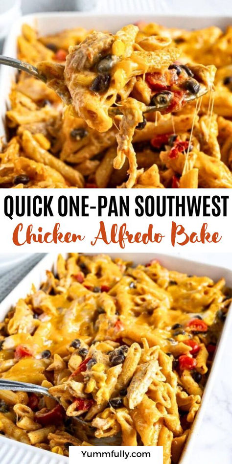 Classic chicken Afredo penne meets zesty Southwestern flavors in this One-Pan Southwestern Alfredo Bake. Creamy Alfredo sauce gets a spicy makeover with taco seasoning, corn, beans, and Monterey Jack cheese for a cheesy Tex-Mex feast! Recipes With Beans And Corn, Southwest Chicken Alfredo, Couscous Dishes, Alfredo Bake, Creamy Alfredo Sauce, Chicken Alfredo Bake, Pork Chop Recipes Baked, Bean Pasta, Southwest Chicken