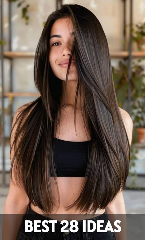 This collection showcases 28 gorgeous long haircut ideas for 2024, perfect for those seeking a dramatic change or simple refinement. Each style promises elegance and a modern flair. Latest Haircuts For Long Hair, Long Haircut With Dimension, Low Maintenance Hair For Brunettes, Nice Haircuts For Long Hair, Straight Long Bangs, Effortless Haircut Long, Flattering Long Haircuts, Longer Haircut, Girls Haircut Long