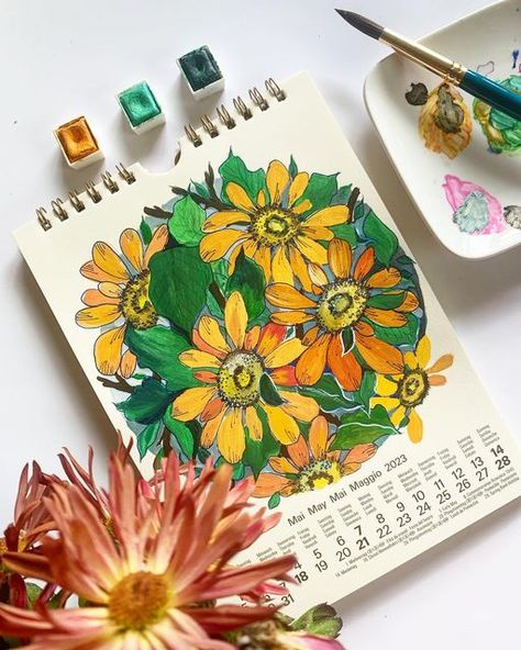 bengali_bee on Instagram: "May is for 🌻in my 2023 calendar So, if you are looking for a special gift for special someone this holiday and Christmas, how about an exclusive hand painted calendar? It will be one of a kind because its not printed! Each painting is unique and only you will have that piece of custom made calendar. Later you can frame the paintings if you like! I am currently taking orders! Please DM me for purchase info if you are interested 🤓 Brush @etchr_lab and @dalerrowney178 Clay Calendar, Painted Calendar, Paint Calendar, Watercolor Calendar, My 2023, Wildflower Paintings, 2023 Calendar, Shimmer Lights, Special Someone