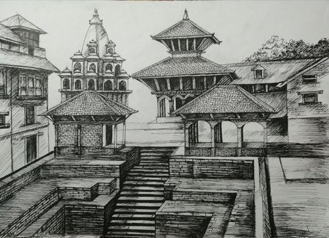 Kedarnath Temple Drawing Mandala, Nepali Architecture Sketch, Somnath Temple Sketch, Sanchi Stupa Sketch, Brihadeshwara Temple Sketch, Temple Drawing, Square Drawing, Fruit Art Drawings, Nepal Art