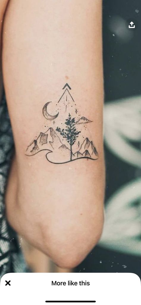 Water And Tree Tattoo, Land Location Tattoo, Outdoor Theme Tattoo, Go Your Own Way Tattoo, Adirondack Tattoo, Nature Minimalist Tattoo, Backpacking Tattoo, Wilderness Tattoo Women, Mountain And Tree Tattoo