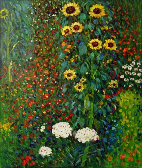 Gustav Klimt Garden with Sunflowers Repro Hand Painted Oil Painting Gustav Klimt Sunflower, Gustav Klimt Garden, Gustav Klimt Flowers, Gustav Klimt Art Paintings, Klimt Garden, Klimt Flowers, Garden With Sunflowers, Klimt Flower Garden, Gustav Klimt Art