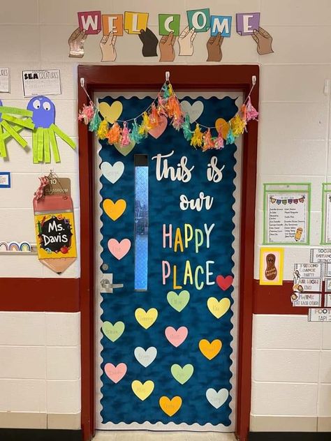 4th Grade Classroom Door Ideas, Decorate Kindergarten Classroom, This Is Our Happy Place Classroom Door, 1st Grade Classroom Door Ideas, Daycare Classroom Door Ideas, Preschool Welcome Door, Welcome Classroom Door Ideas, Best Bulletin Board Ideas, Bulletin Board Ideas For Classroom