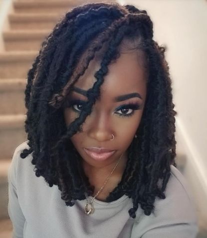 Shoulder-Length Bob Soft And Distressed Faux Locs Faux Locs Bob Shoulder Length, Faux Locs Bob Style, Soft Locs Shoulder Length, Bob Faux Locs, Shoulder Length Faux Locs, Soft Locs Bob, Short Faux Locs Shoulder Length, Short Boho Locs, Shoulder Length Locs