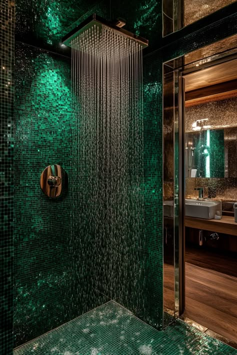 31 Spa-Like Bathroom Designs for Yoga Retreats - TastyInteriors Spa Wetroom Ideas, Jungle Spa Bathroom, Cave Shower Ideas, Green Tiled Shower Ideas, Rainshower Bathroom Ideas, Forest Green Bathroom Ideas, Mystical Bathroom, Meditation Bathroom, Eccentric Bathroom