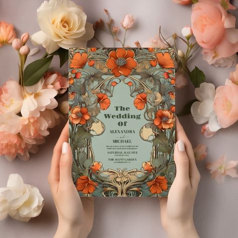 Vintage Floral Art Nouveau Wedding Invitation | Zazzle Art Nuevo Wedding, Maximalist Wedding Invitations, Cool Wedding Invites, Thumbelina Wedding, Granola Wedding, Cute Wedding Invitations, Vintage Style Wedding Invitations, Art Nouveau Wedding Invitation, Art Nouveau Wedding