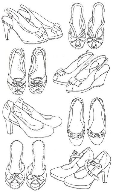 A collection of my Mum's shoes. I gave this to her for her birthday. She cried. I think this was a good thing? Footwear Drawing, Shoes Girl, Digi Stamps, Shoe Art, Girl Shoes, Coloring Book Pages, Coloring Pictures, Digital Stamps, Colouring Pages