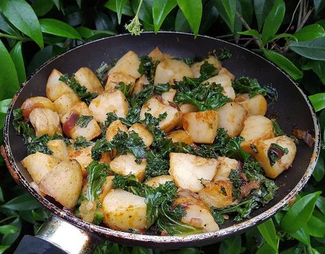 Garden Dinners, Kale And Potatoes, Sautéed Potatoes, Potatoes And Kale, Sauteed Potatoes, Fried Rice With Egg, Red Cabbage Slaw, Red Skin Potatoes, Tofu Salad