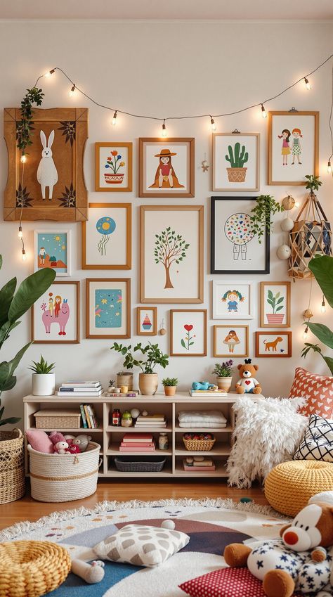 Boho Playroom Ideas Playroom Inspiration Colorful, Boho Family Picture Wall, Gallery Wall Playroom, Vintage Playroom Ideas, Kids Room Gallery Wall, Eclectic Playroom, Boho Playroom Ideas, Child Friendly Living Room, Kids Artwork Wall