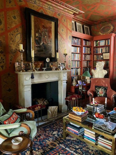 Books In Fireplace, English Manor Interior, Magical Home Decor, Victorian Bohemian Decor, Book Rooms, Maximalist Interior, Morning Room, Cosy Spaces, Book Room