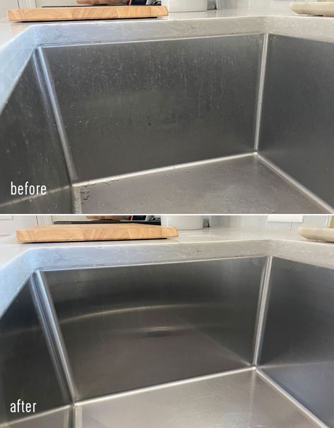 The Easy Way To Clean A Stainless Steel Sink | Young House Love Clean A Stainless Steel Sink, Stainless Steel Sink Cleaner, Clean Shower Drain, Hard Water Spots, Household Help, Stainless Sink, Refinishing Hardwood Floors, Young House, Young House Love