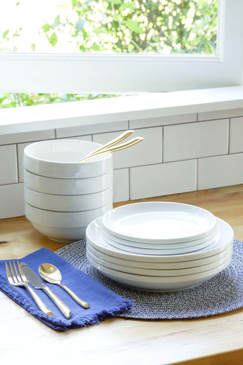 Minimalistic Dining Table, Plates And Bowls Set, Four People, Ceramic Tableware, Unique Kitchen, Small Space Living, White Glaze, World Market, Dream Bedroom