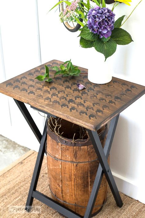 Easy DIY TV tray makeovers with stencils! Full step-by-step guide. - Funky Junk InteriorsFunky Junk Interiors Tv Tray Ideas, Farmhouse Tv Trays, Diy Tv Tray, Painted Tv Trays, Tv Tray Makeover, Wooden Tv Trays, Funky Junk Decor, Tv Dinner Trays, Vintage Tv Trays