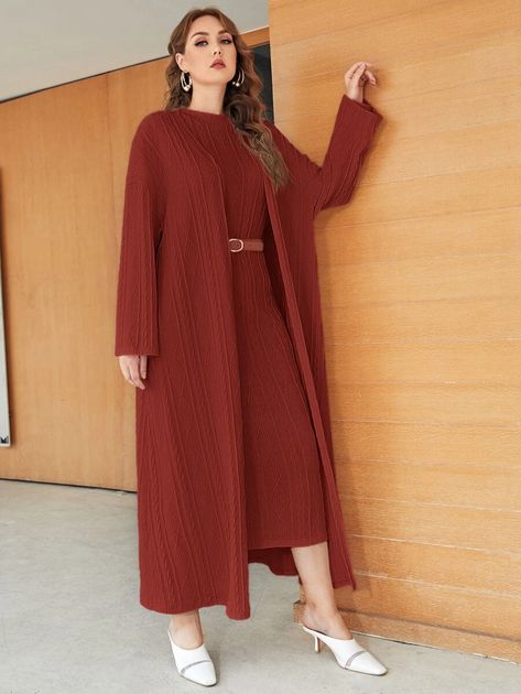 SHEIN Plus Cable Textured Drop Shoulder Longline Coat & Bodycon Dress Without Belt | SHEIN USA Corporate Dress, Longline Coat, Co Ords, Dress Designs, Dress Codes, Long A Line, Long Coat, Drop Shoulder, Designer Dresses