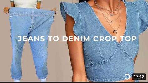 Thrift flip Upcycle Jeans Refashioning, Denim Top Diy, Thrift Store Diy Clothes, Revamp Clothes, Diy Old Jeans, Trash To Couture, Diy Jeans, Upcycle Clothes Diy, Upcycle Shirt