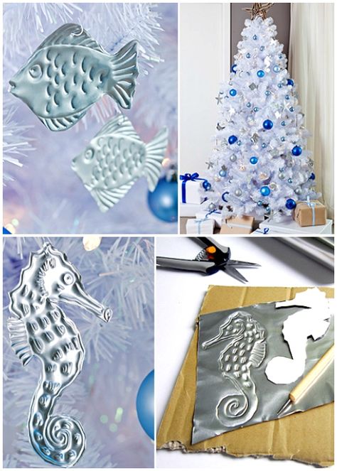 Clever DIY under the sea ornaments made from aluminum, then embossed! Featured on Completely Coastal. Under The Sea Ornaments Diy, Under The Sea Christmas Tree, Sea Christmas Tree, Under The Sea Christmas, Sea Ornaments, Unique Tree Toppers, Iron Ideas, Beachy Crafts, Seahorse Ornament