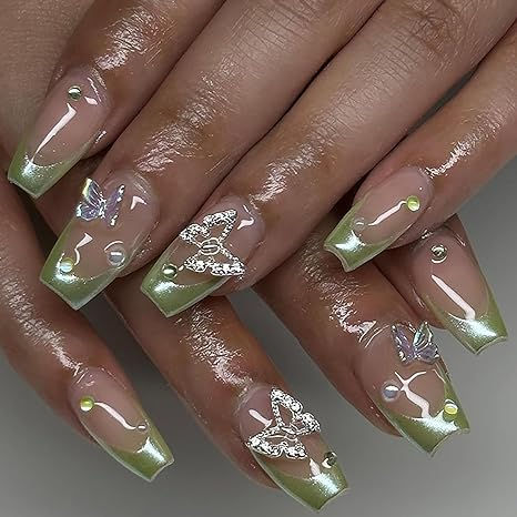 #affiliate #ad @amazon green press on nails, st pattys day nails, spring nails, easy nail art, butterfly nail art ideas, cute nails, trendy nail art Ballerina Acrylic Nails, Fake Acrylic Nails, Green Acrylic Nails, Ballet Nails, French Tip Acrylic Nails, Nail Art Set, Coffin Press On Nails, Ballerina Nails, Butterfly Nail